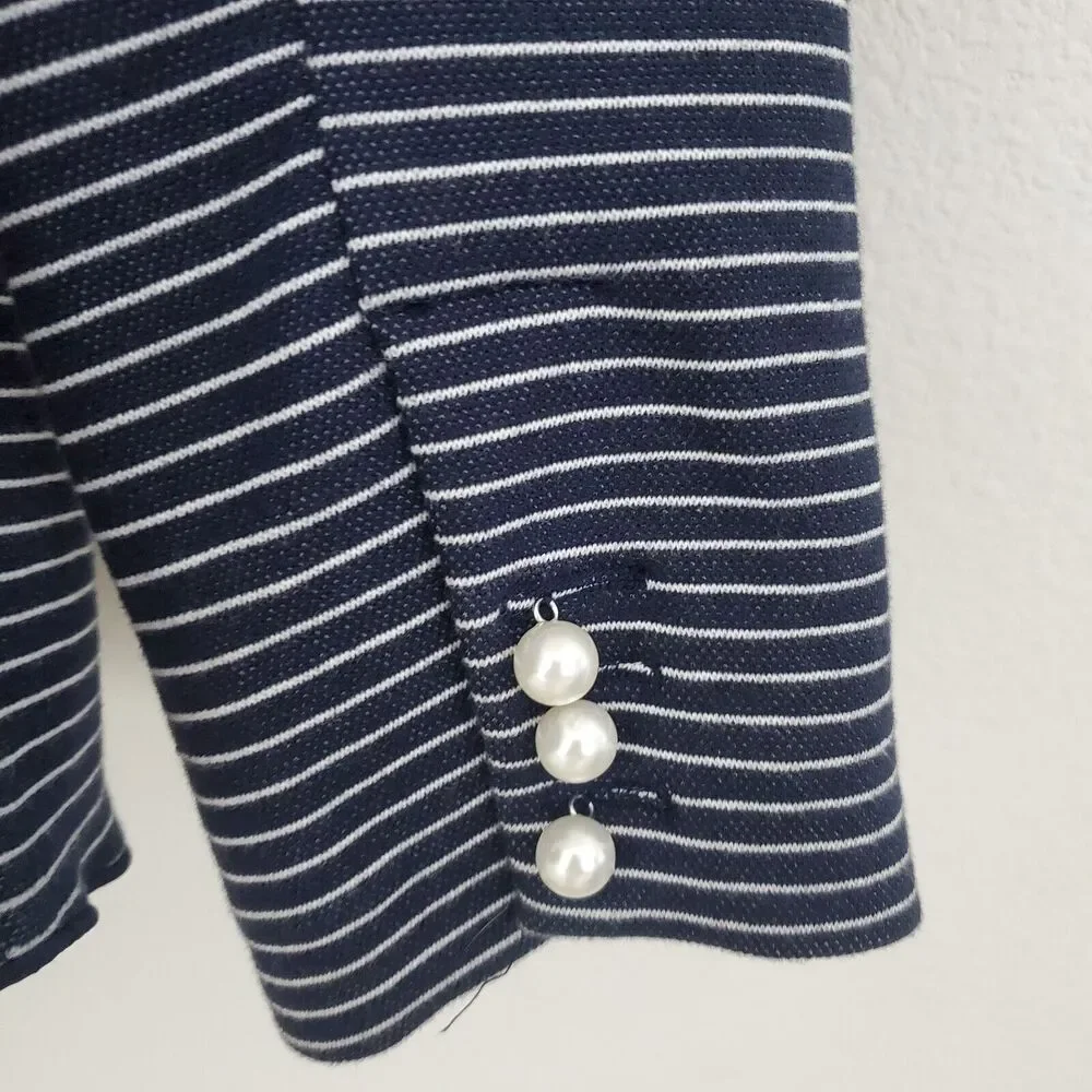 Tahari Women's Blazer 10 Blue Striped Pique Knit Pearls Nautical Business Office